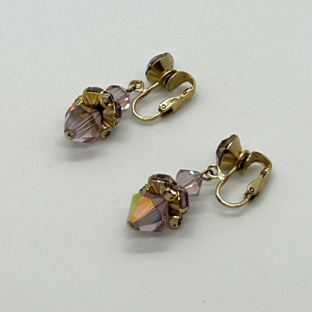 Vintage Aurora Borealis Dangle Earrings Crystal Pink Iridescent Faceted Goldtone - Picture 3 of 15